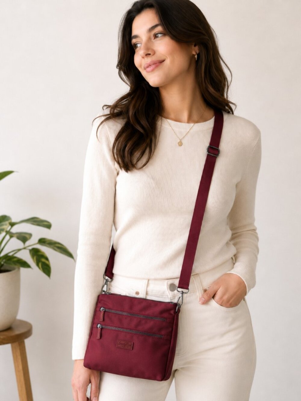 Burgundy Multi-Zip Nylon Crossbody Shoulder Bag with Adjustable Strap